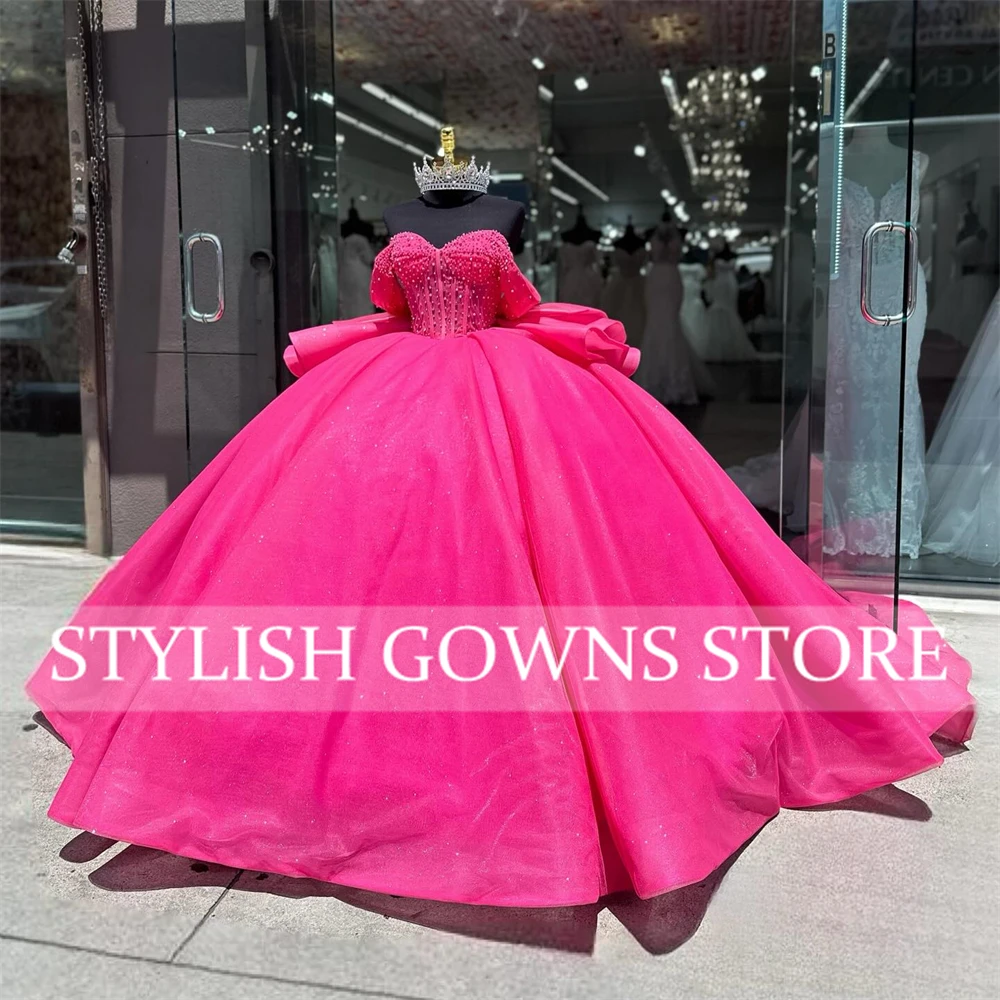 Mexico Fuchsia Off The Shoulder Quinceanera Dresses Ball Gown Beaded Graduation Dress Bow Birthday Party Dress robes de soirée