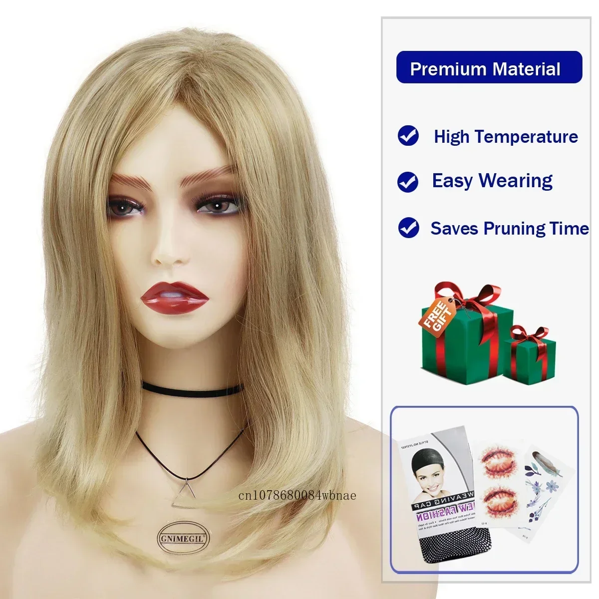 ブロンド人工毛ミディアム肩の長さのストレートウィッグクラシックゴールドウィッグ女性用耐熱デイリーパーティーコスプレ衣装