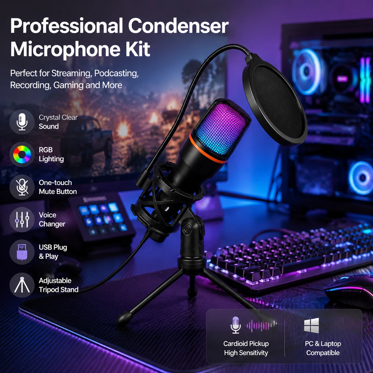 Pc Gaming Youtubers - RGB Lighting USB Microphone Kit with