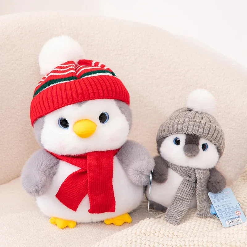 Zacht gevuld paar pinguïn knuffel schattige baby pinguïn draag een hoed en sjaal pop kussen woondecoratie kerst verjaardagscadeau