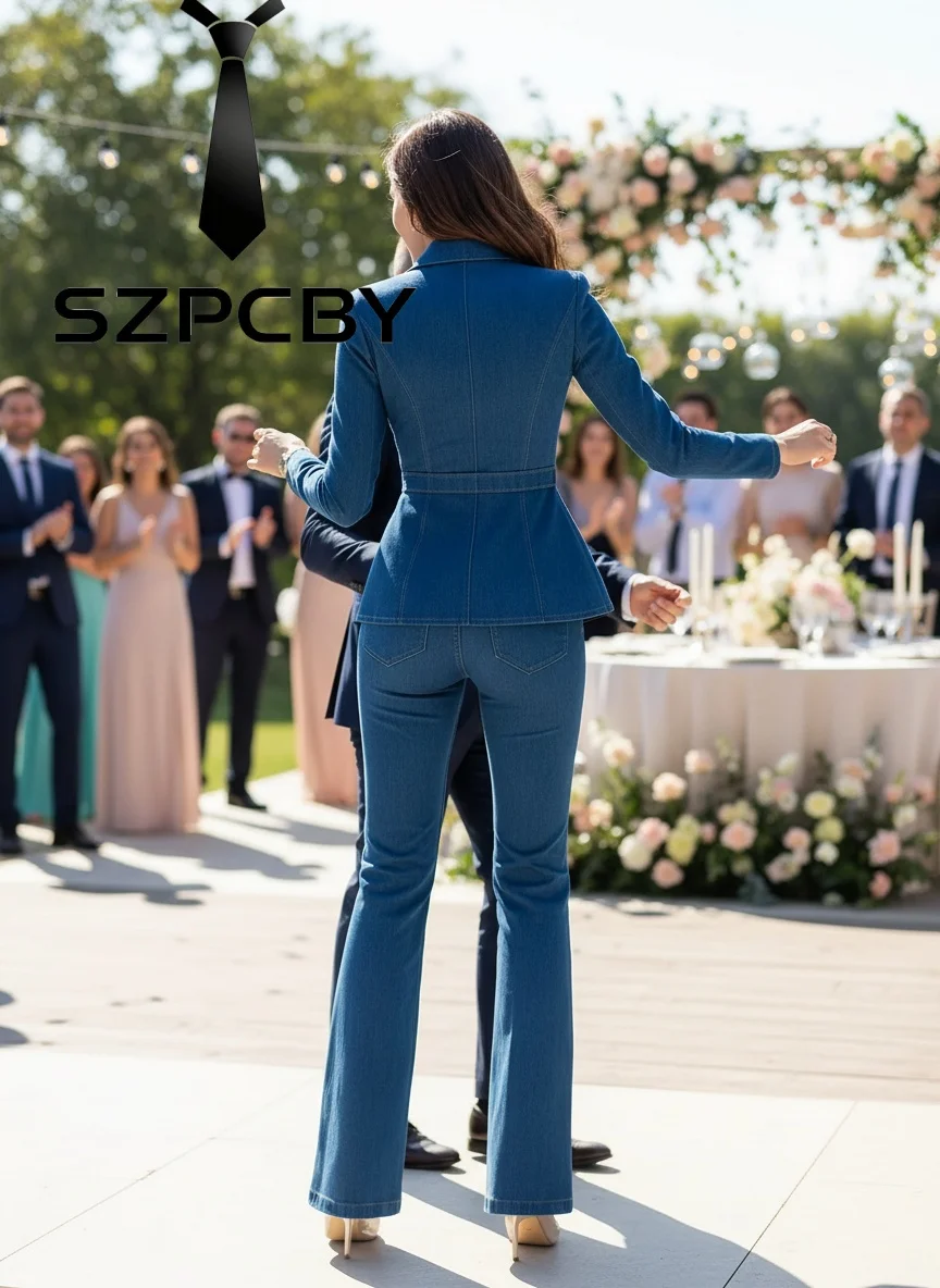2 Piece Denim Womens Suit Notch Lapel Long Sleeve Business Casual Suits for Women for Party Prom