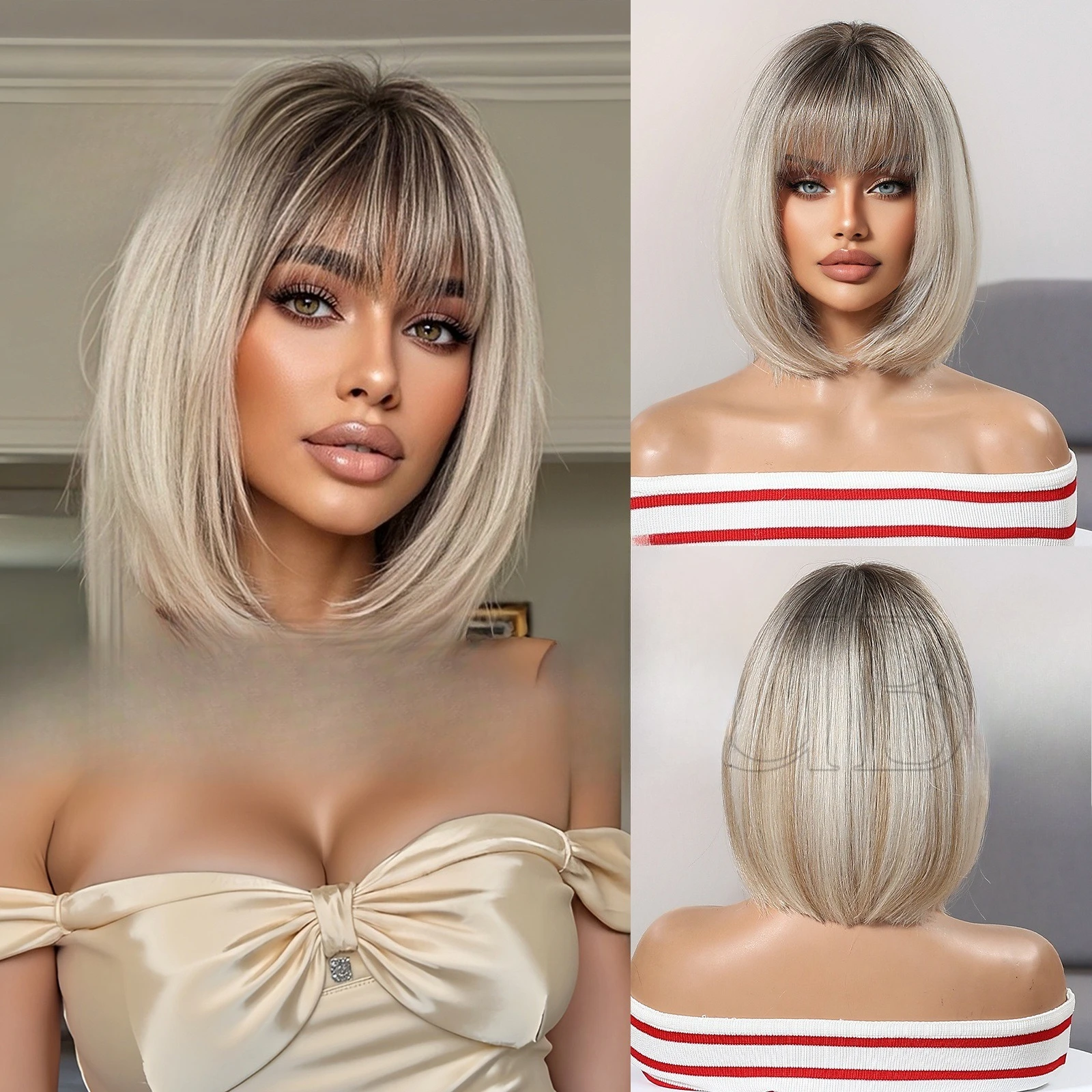 

Wig Cover European and American Bobo Head Golden Highlights Qi Bangs Wig Cover Short Hair Summer Breathable