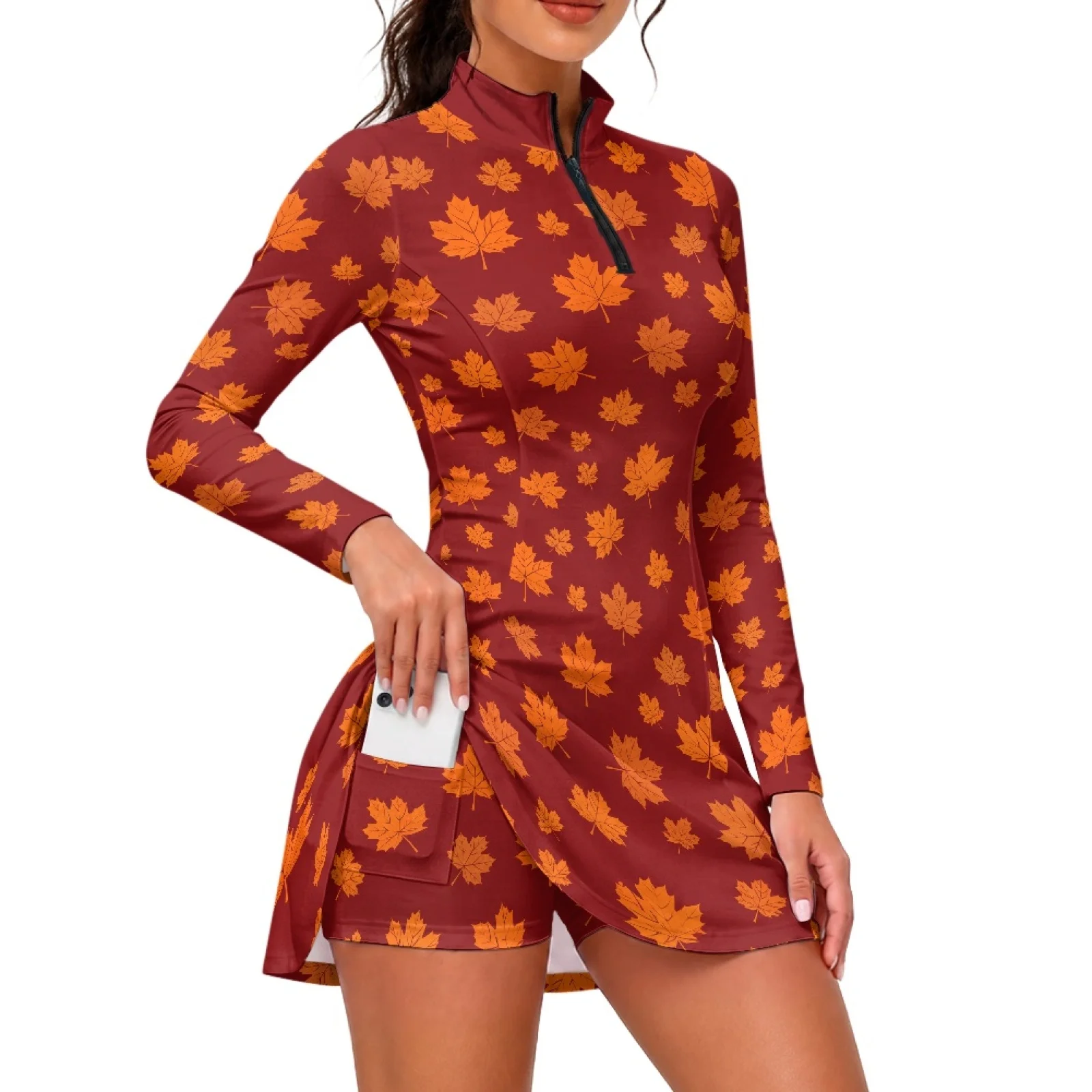 PENSTROLL Maple Leaf Print 2 Piece Sets Workout Athletic Dress Breathable Zipper Pockets Long Sleeve Golf Dress for Pickleball
