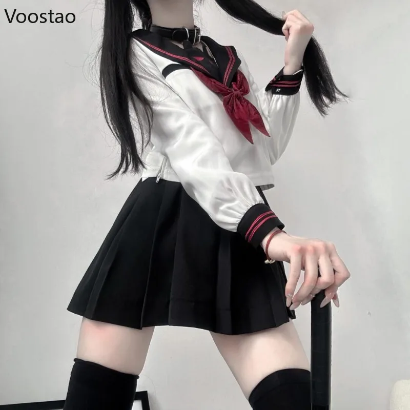 Japanese Kawaii School Girl Uniform Korean Style Sweet Cute Cosplay Little Devil JK Uniform Set Women Gothic Black Pleated Skirt