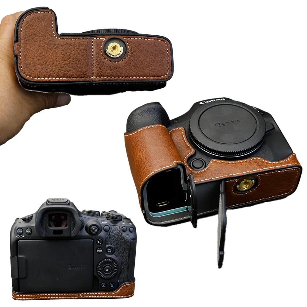 R5 R6 PU Leather Camera Bag Hard Case Half Body Cover for Canon EOS R5 R6 R6II R6III Camera Bottom Case