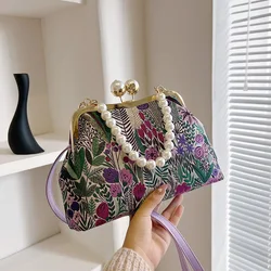 Fashion Retro Colorful Flower Print Seashell Evening Bags For Women Pearl Beaded Chain Tote Handbags Party Shoulder Bag Clutches