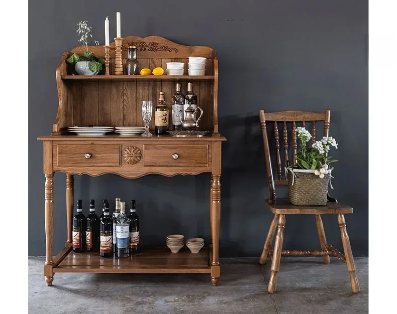 American-Style Solid Wood Household Sideboard Cabinet Small Retro Living Room Kitchen Multi-Functional Tea Cabinet Storage Rack