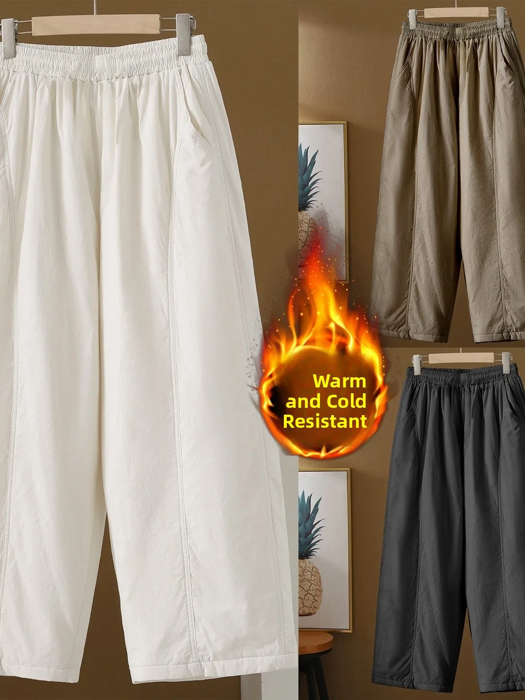 

Зимние утепленные широкие брюки из хлопка, однотонные, повседневные, свободные женские брюки с высокой талией, длинные брюки из смесового хлопка