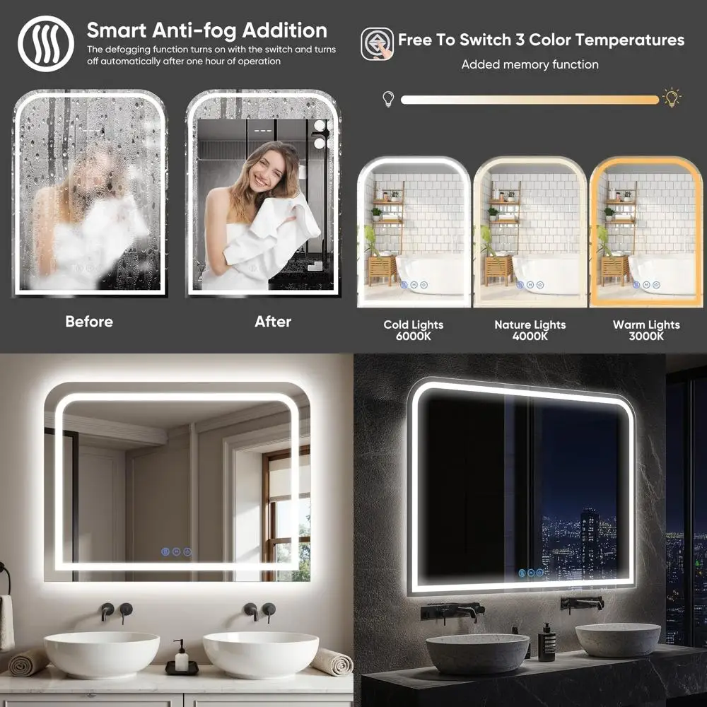 

Зеркало для макияжа с подсветкой и регулируемой яркостью, из закаленного стекла, 3 цвета, 40 дюймов (длина) x 30 дюймов (ширина), белое