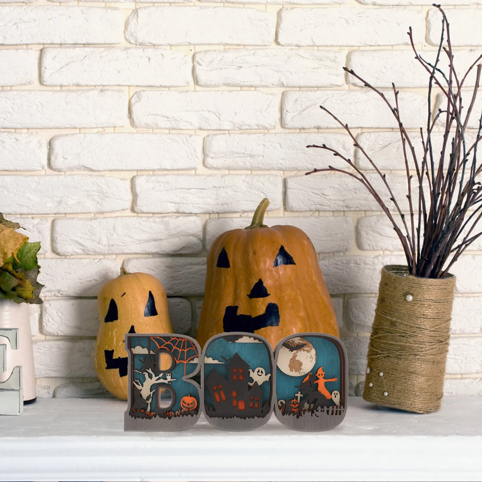 

1pcs Boo Wooden Tabletop Decoration Halloween Centerpiece Party Craft Home Festive Ornament Wood Carving Table Sign
