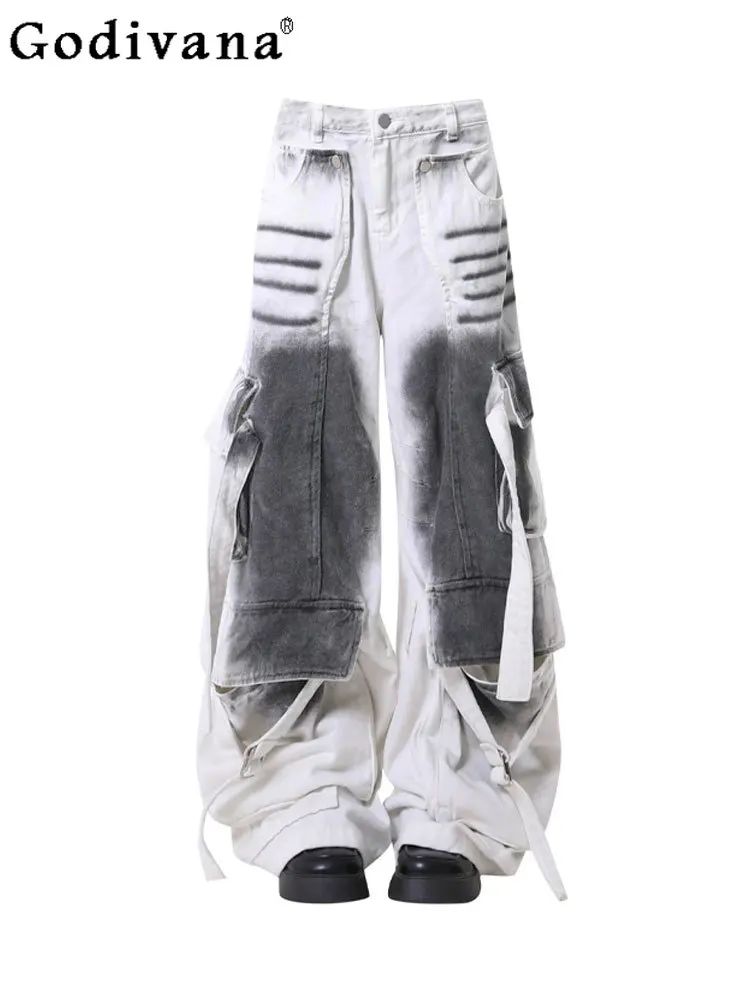 

Large Size American Retro Street Lace-up High Waist Jeans 2025 New Men's Women's Multi-pocket Loose White Wide-leg Floor Pants