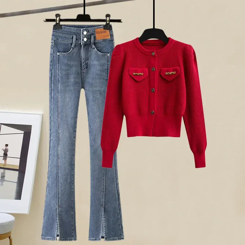 Autumn Winter Women's Lucky Red Sweater Cardigan Flare Denim Pants 1 or 2 Piece Set Lady Falls Graceful Knit Tops Jeans Outfits