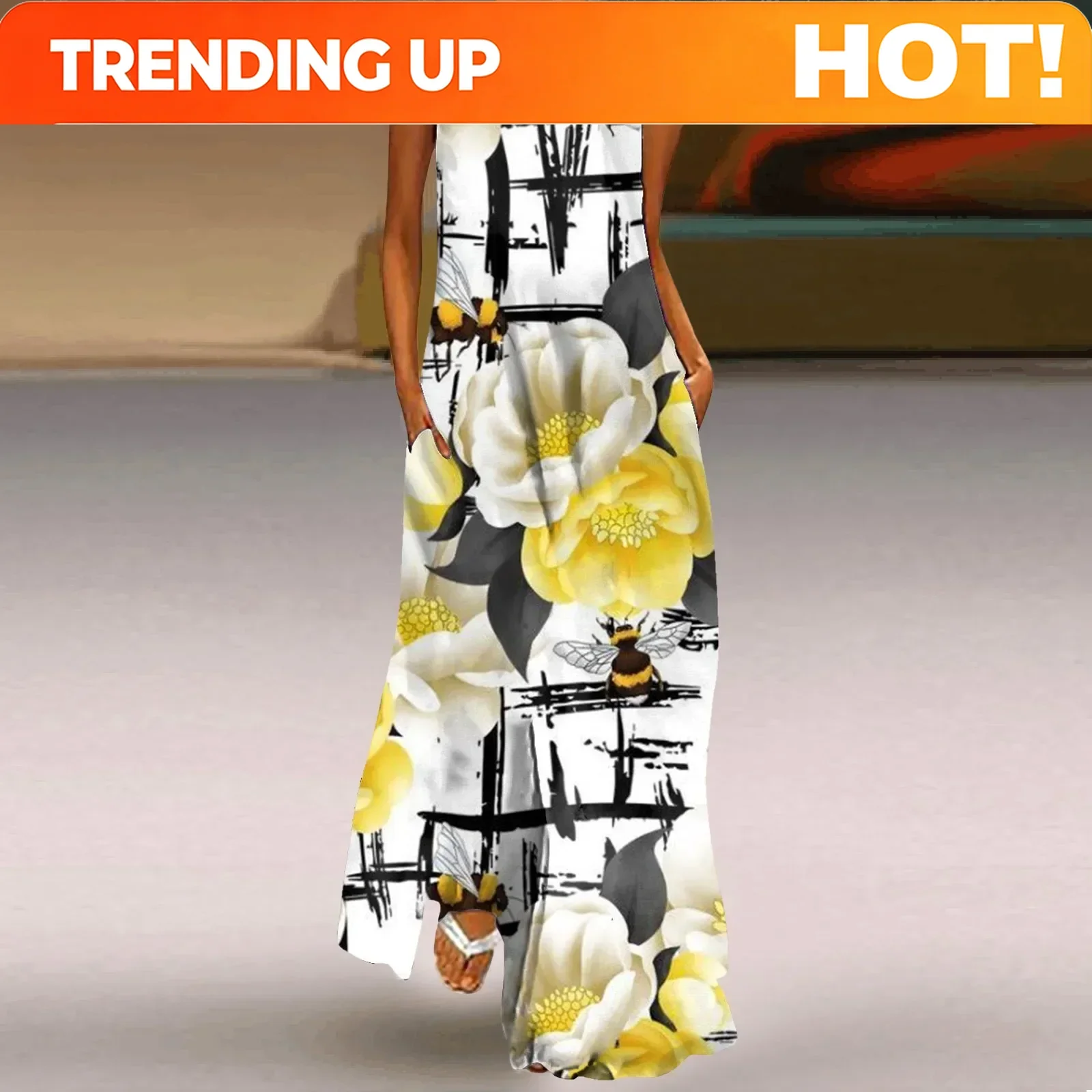 Customization Fashion Women's Hollow V-neck Maxi Dress Fresh Flower Print Sleeveless Loose Straight Beach Seaside Vacation Long