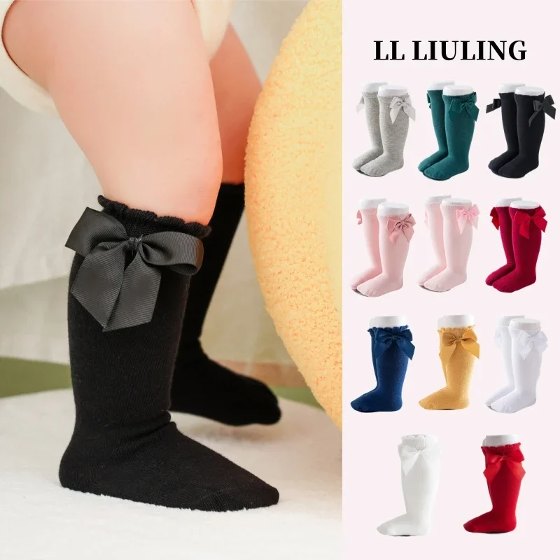 

LL LIULING Baby Toddlers Socks Autumn Winter Children Girls Knee High Long Sock Cotton Big Bow Spanish Style Kids Floor Socks