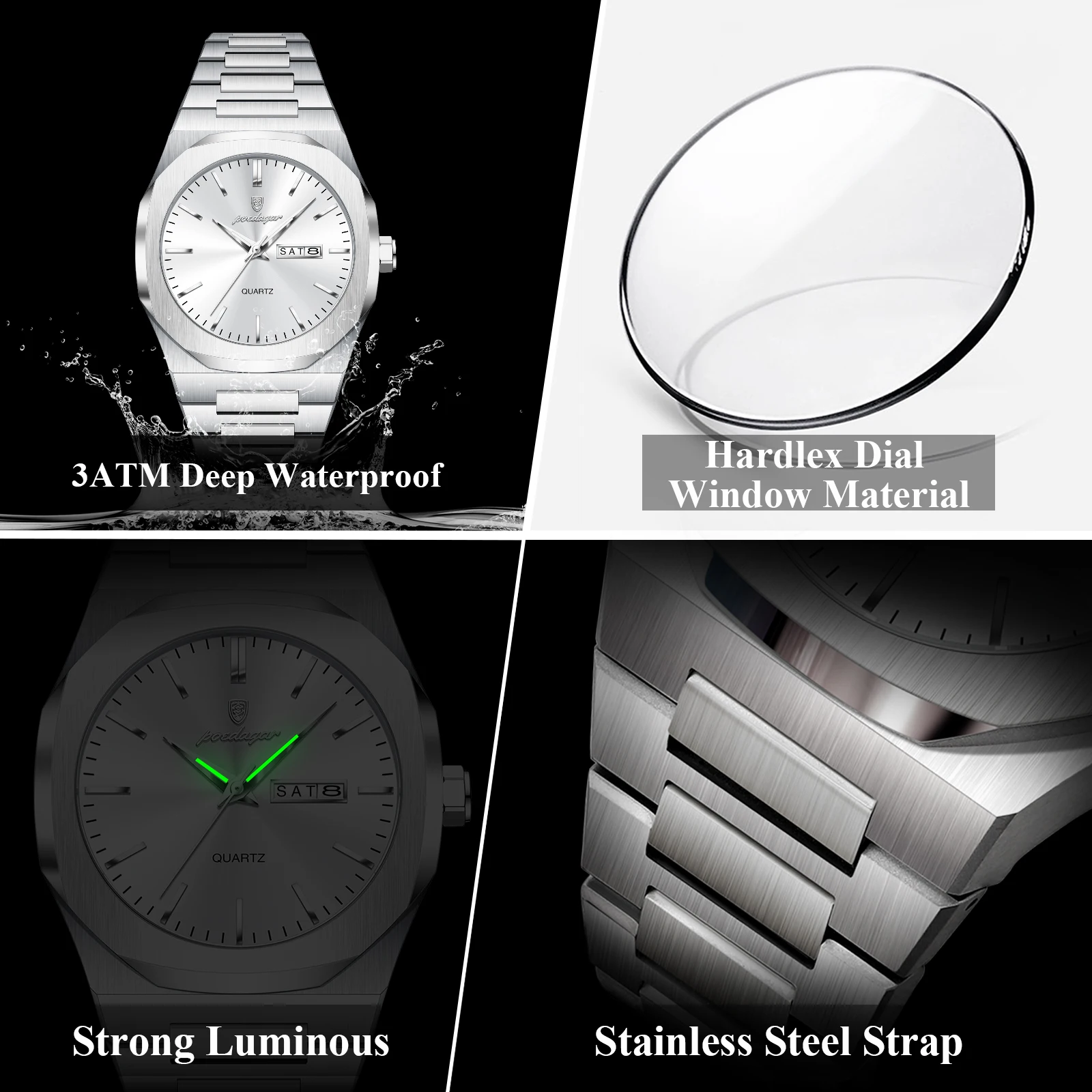 POEDAGAR Fashion Brand Male Wristwatch Waterproof Luminous Stainless Steel Men Clock Date Week Casual Quartz Men's Watches Reloj