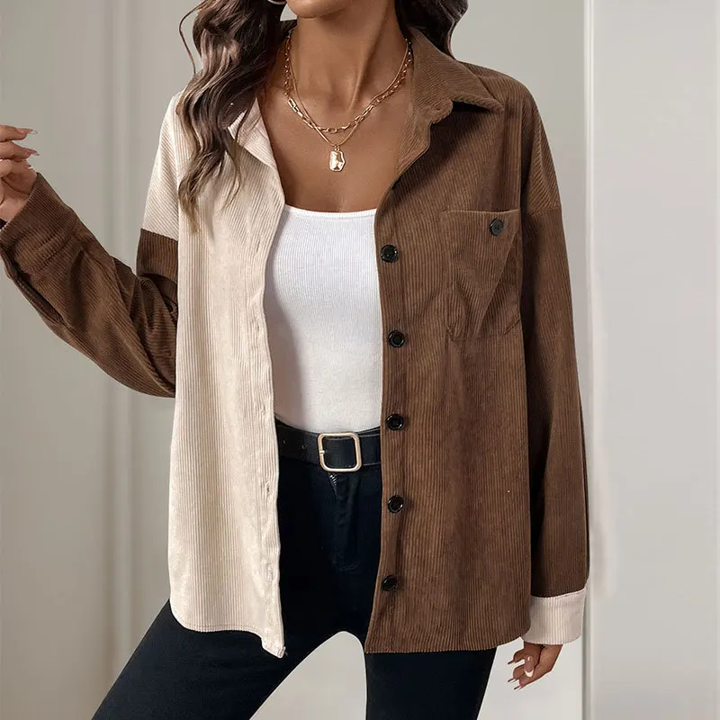 Fashion Spell Color Lapel Cardigan Top, Women's Single-breasted Long-sleeve Patchwork Pockets Shirt Jacket for Autumn and Winter