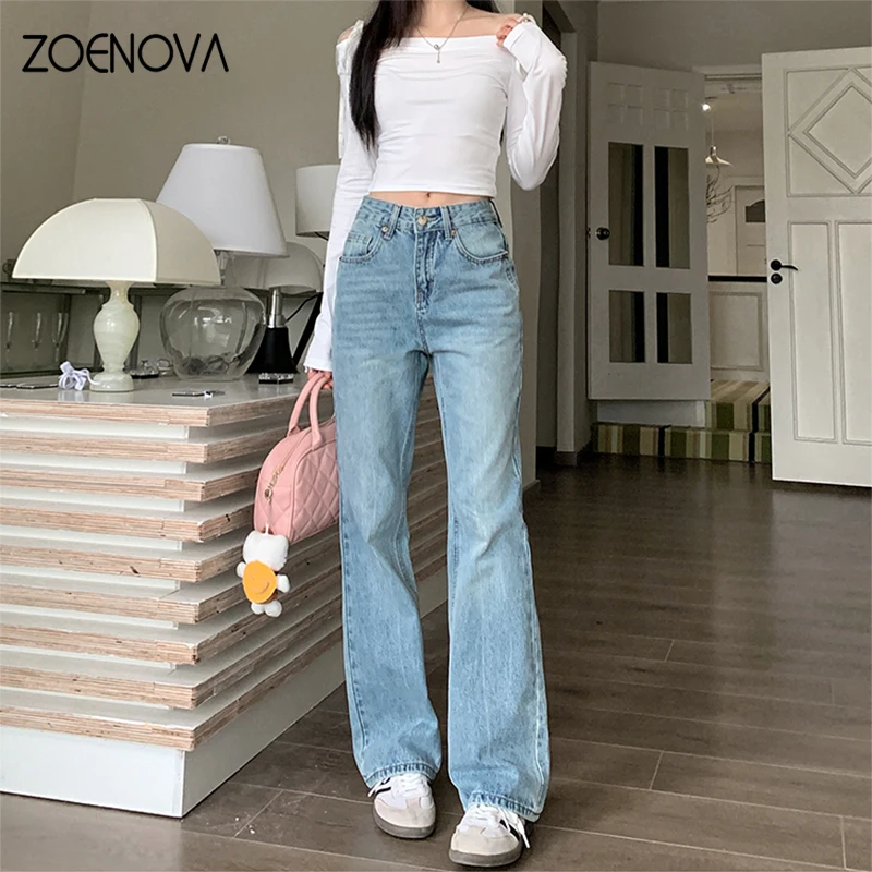 ZOENOVA Retro High Waist Straight Women\'s Jeans Summer Fashion New Simple Versatile Loose Blue Floor Length Denim Wide Leg Pants