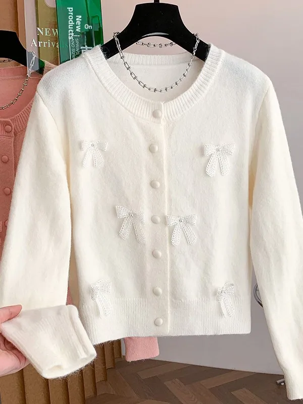 

Loose Knitted Long Sve Sweater with Bow Design for Women Vintage Commute Sle Big Size Casual Wear Winter Outerwear