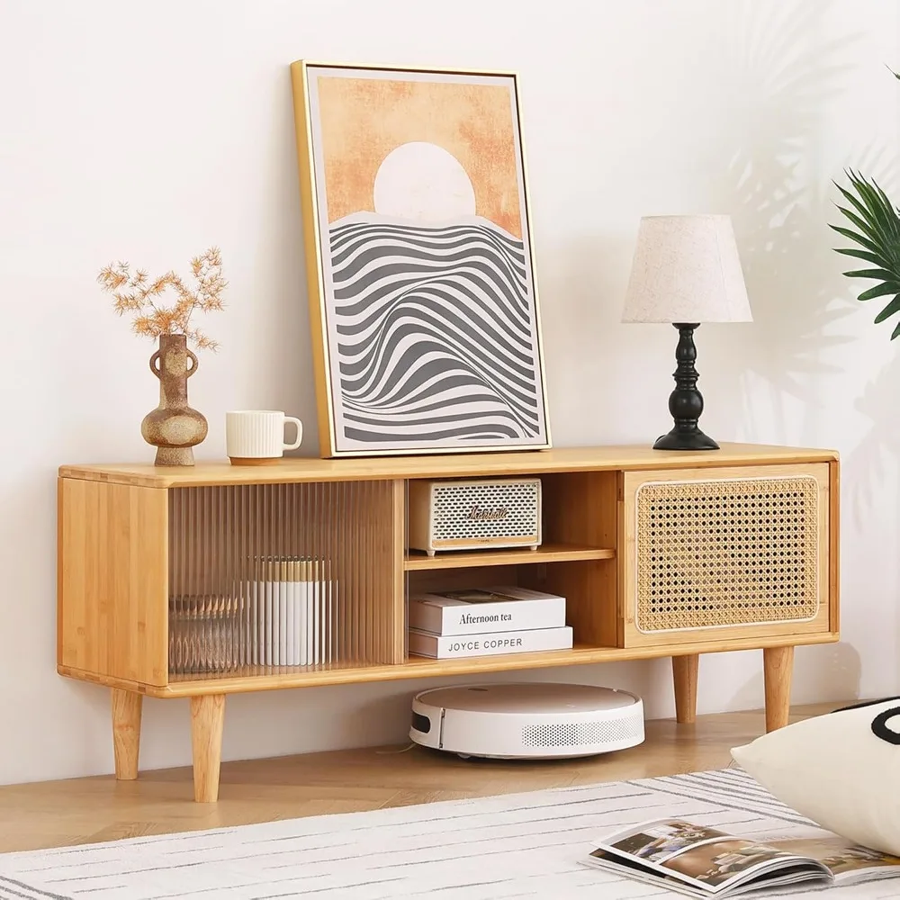 حامل تلفزيون من الروطان لتلفزيون 55 بوصة، وخزانة تلفزيون من الخيزران مع رف وتخزين قابل للتعديل، ومركز ترفيه بوهو، ووحدة منتصف القرن #6