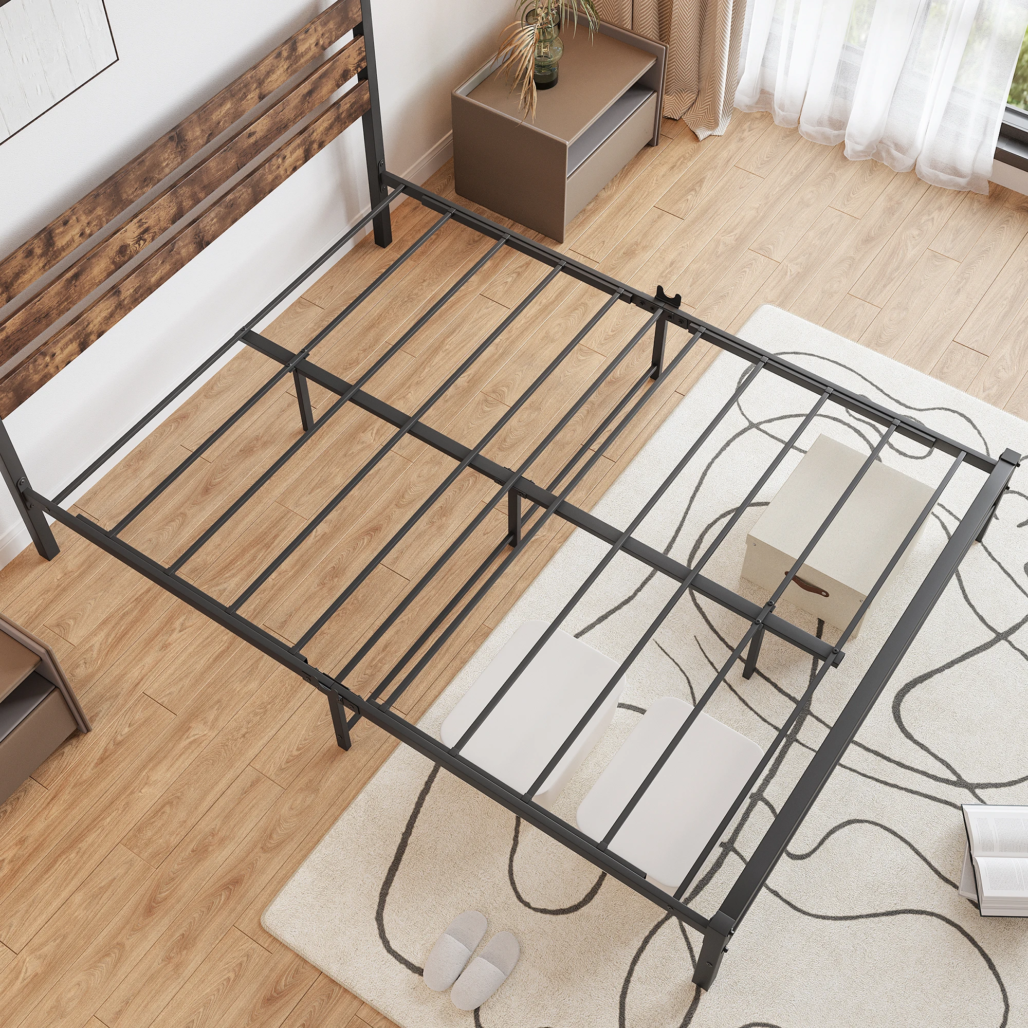 

Queen Size Platform Bed Frame with Rustic Vintage Wood Headboard, Strong Metal Slats Support Mattress Foundation, No Box Spring