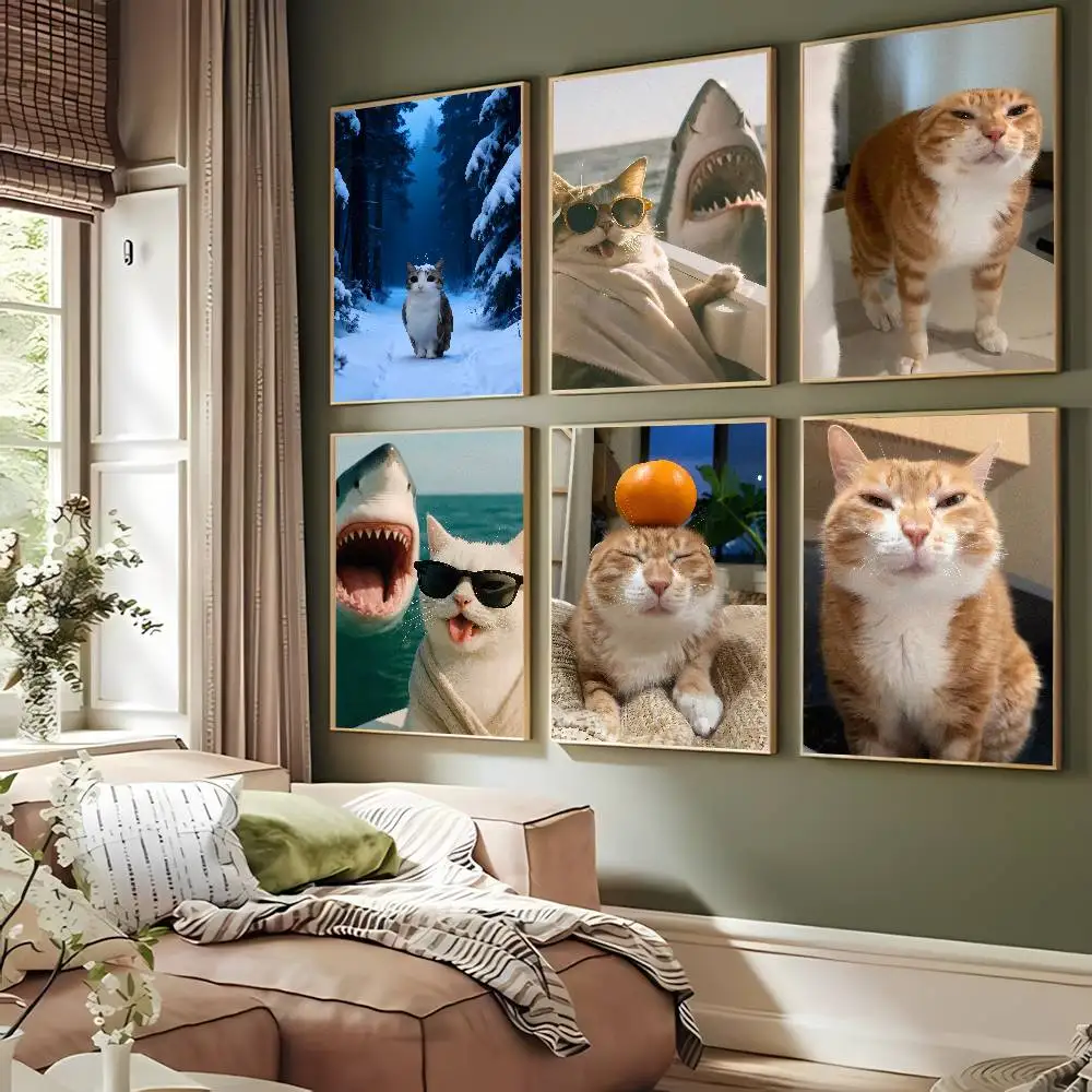 Funny Cat Meme Poster Cute Animal Wall Art Viral Meme Print Funny Room Sticker Decor Aesthetic Pet Poster