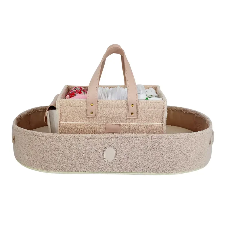 for Custom Leather Logo Camel Teddy Velvet Diaper Basket Baby Moses Basket
