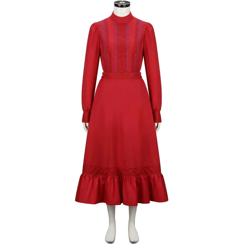 

qq34Pearl Cosplay Dress Women Girl Red Long Sleeve Dresses High Waisted Pleated Skirt Party Outfits