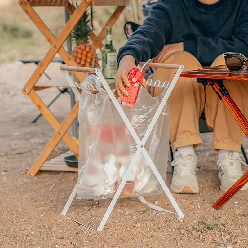 Outdoor garbage rack Foldable camping household garbage rack, utility rack, kitchen storage rack, wooden handle garbage rack