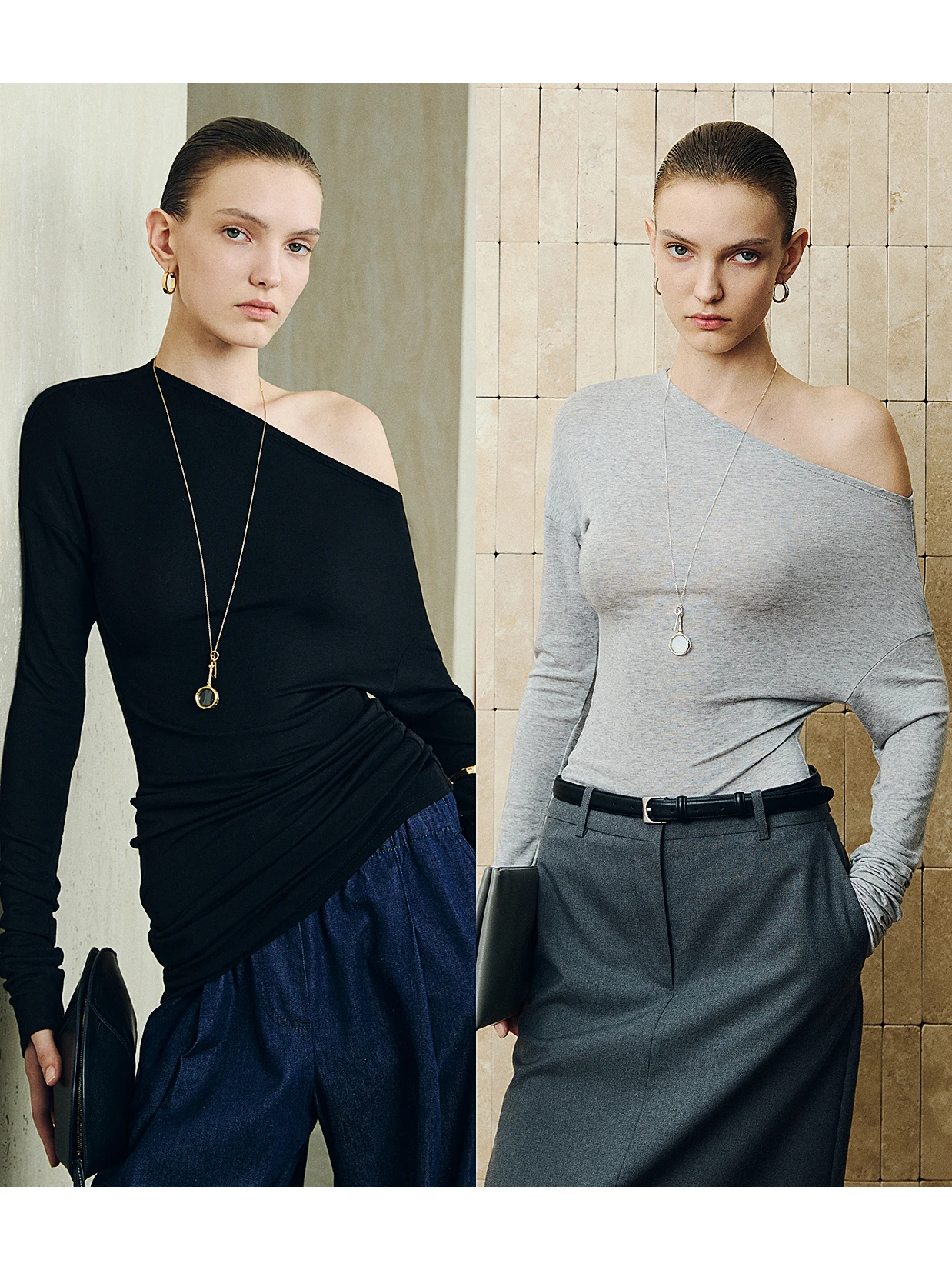 

Soft Lightweight Silk Blend Asymmetric Slim Fit T-irt Casual Sle oulder Slant Design Long Sve Summer Top for Women