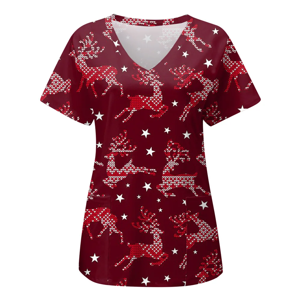 

Surgical Uniforms Holidays Christmas Prints Style Pocket Design Surgical Costume Woman V-Neck Short Sleeve Nurse Medical Uniform