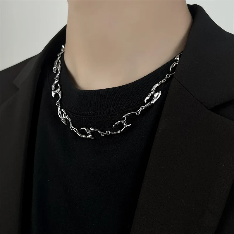 Y2K Silver Color Stainless Steel Rock Flame Shape Choker Necklace for Women Men Punk Irregular Collar Charms Jewelry Gifts