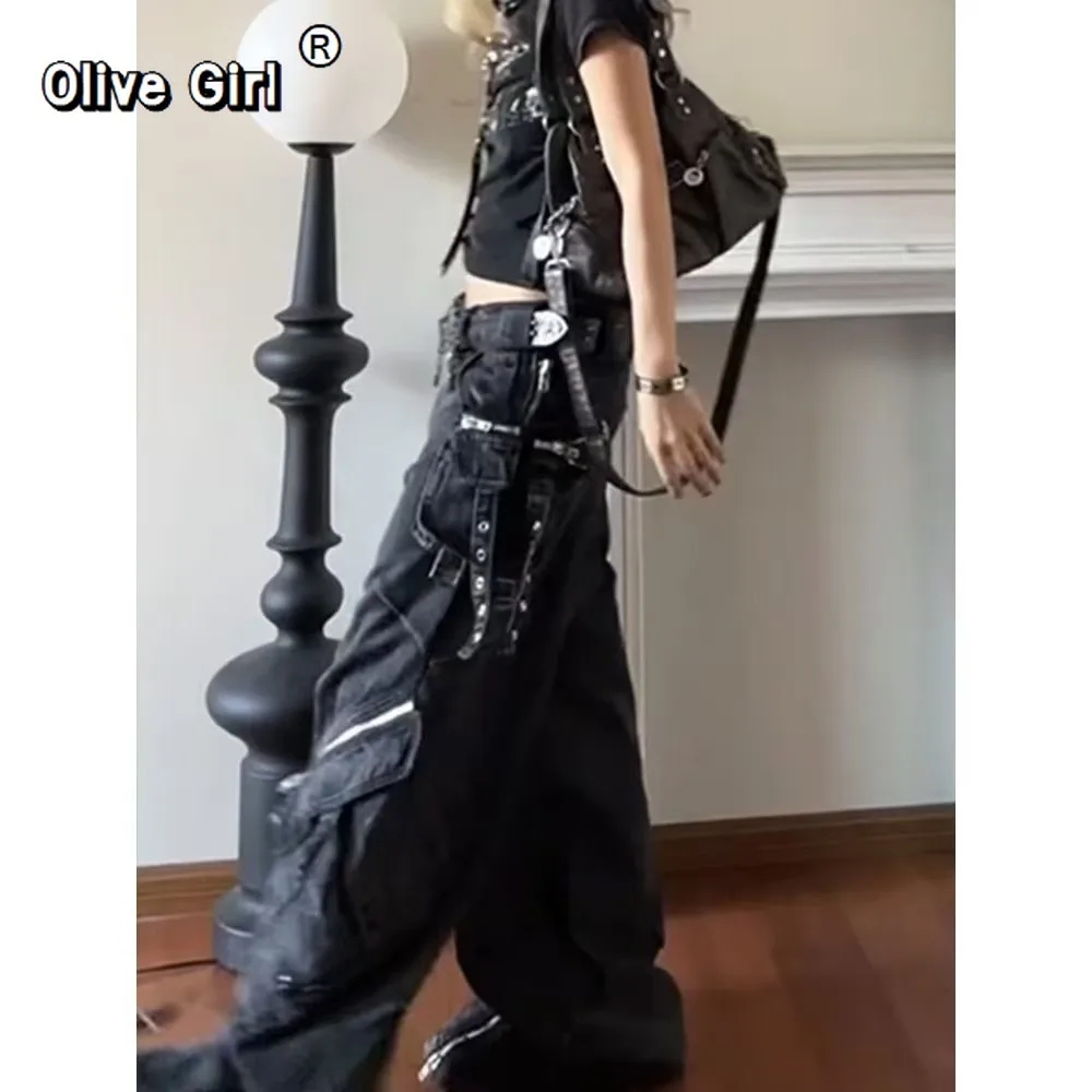 Olivegirl Women's Jeans Denim Pants Goblin Core Y2K Baggy Jeans Punk Wide Fit Japanese Harajuku Trousers Dark Academia Grunge