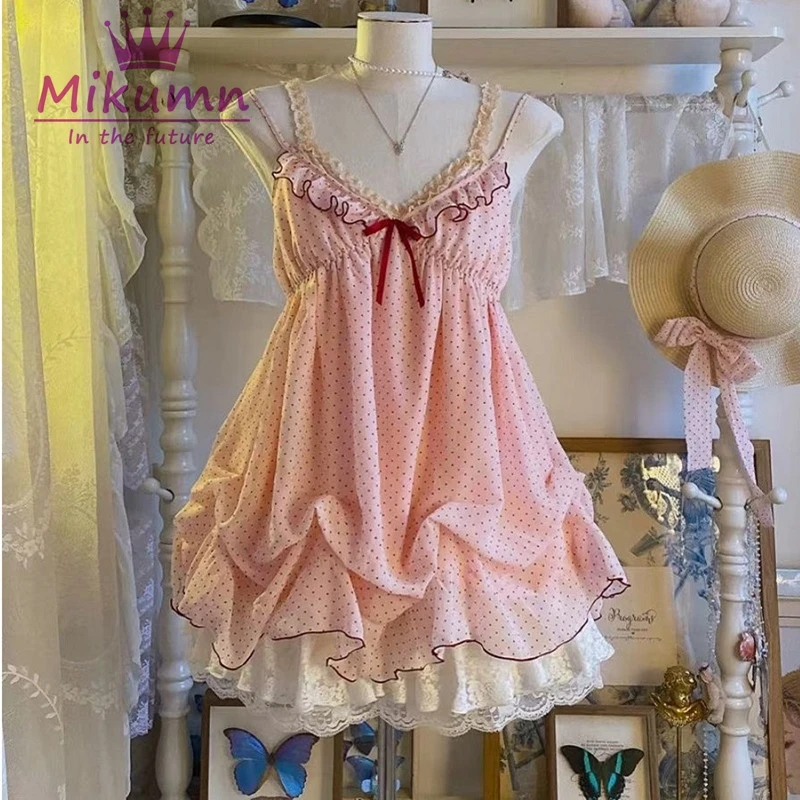 Mikumn Y2K Japanse Meisjes Zoete Kawaii Roze Polka Dot Jurk Harajuku Zomer Vrouwen Mouwloze Spaghetti Ruches Mini Jurk