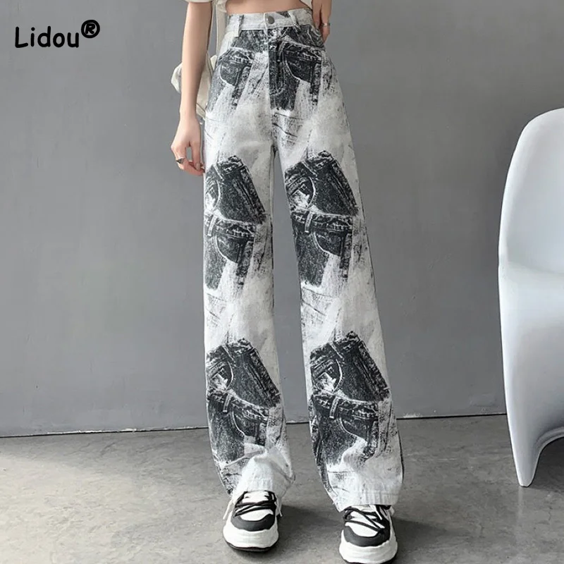 Fashion for Women 2022 Autumn Tie Dyed Ink Painting Washing Jeans Korean Button High Waist Pockets Wide Leg Pants Trend Women