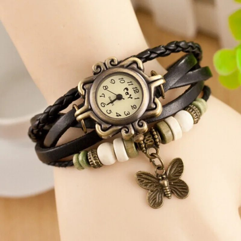 2023 Women's Casual Vintage Multilayer Butterfly Faux Leather Bracelet Wrist Watches Ladies Female Clock Montre Femme Relogios