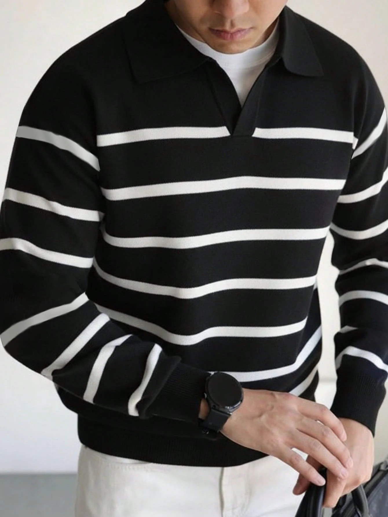

Men's Long Sleeve Striped Collar Knit Sweater, Casual Fall Winter Wear