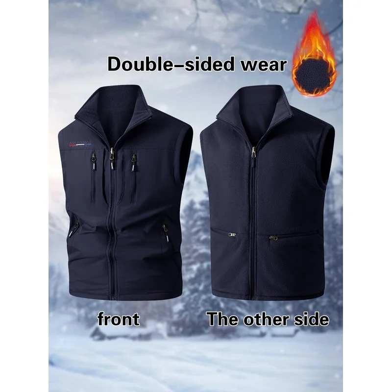 Multi-pocket Work Vest Working Men's Reversible Zippered Casual Polar Fleece Lined Padding Profession Cardigan Windbreak
