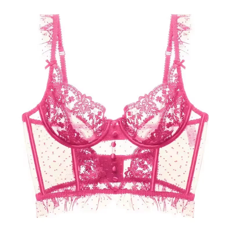 kuclut SexyFrench Lace Bra and Thong Set Ultra Thin See Through Shaping Underwear Women's Embroidery Lace Camisole Lingerie Set