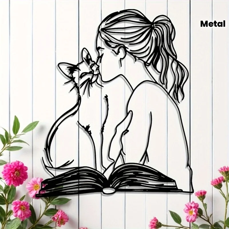 Metal Wall Art Depicting a Girl Kissing a Cat, 1pc- Stylish Black And White Line Illustration, Size 15.7X 14Inch,1pc