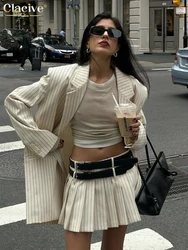 Clacive Fashion Loose Stripe Print Skirts Sets For Women 2 Pieces 2024 Elegant Long Sleeve Blazer With Low Waist Mini Skirt Set