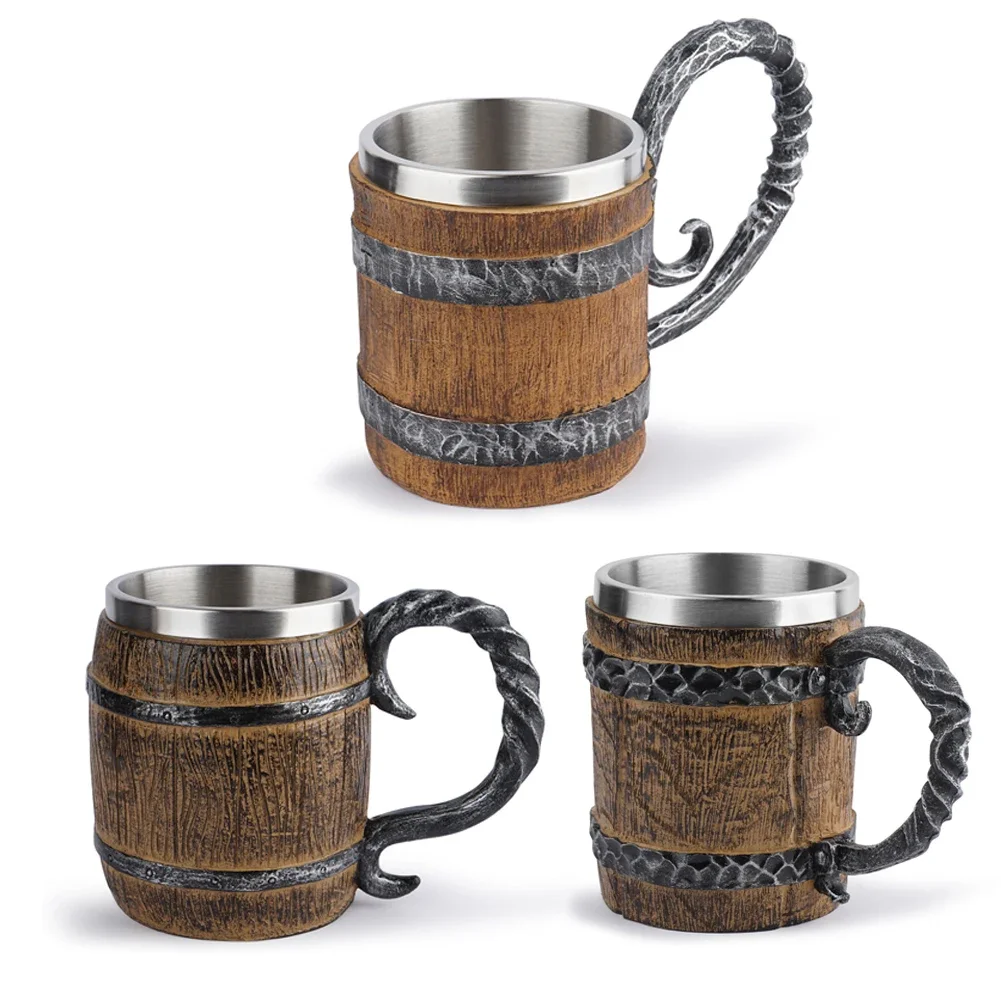 

Wooden Barrel Beer Cup Stainless Steel Coffee Mug Viking Style Vintage Beer Mug Double Wall Drinking Cup Halloween Bar Drinkware