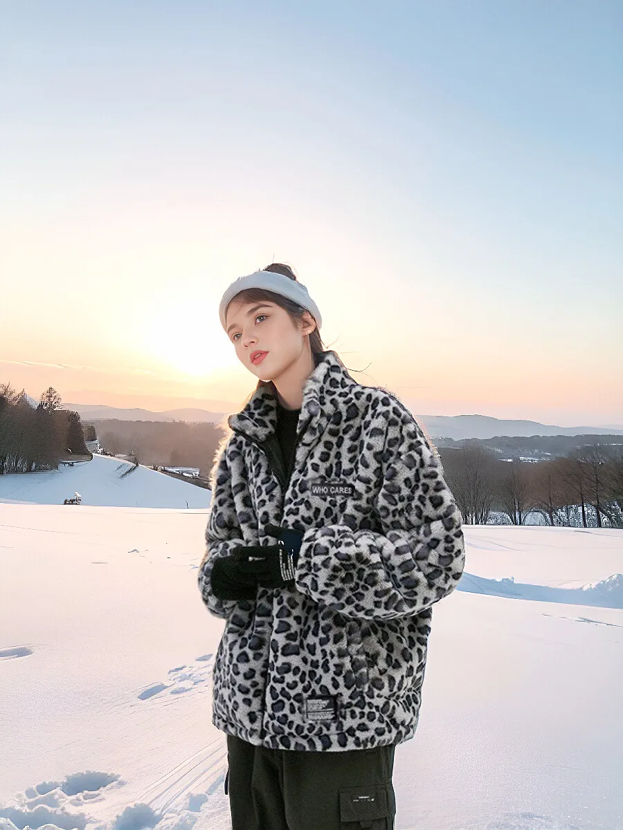 

Men's Autumn Winter Thickened Faux Fur Jacket Loose Fit Leopard Print Hip Hop Style Couple's Cotton Outerwear Coat Jacket