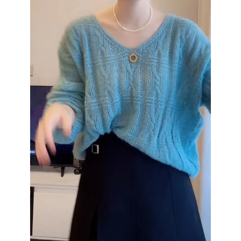 

Универсальный пуловер с конопляным узором, вязаный свитер, новинка 2025, осенний модный топ с v-образным вырезом и длинными рукавами