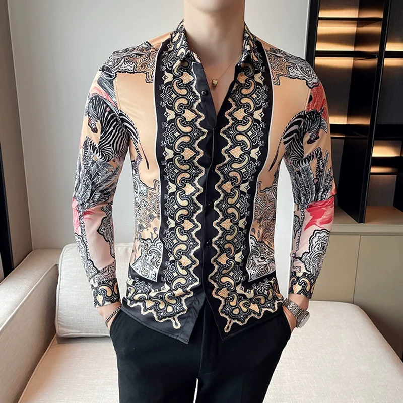 Luxury Vintage Printed Men\'s Shirt Long Sleeve Slim Fit Casual Business Dress Shirt Social Streetwear Party Tuxedo Blouse 4XL-M