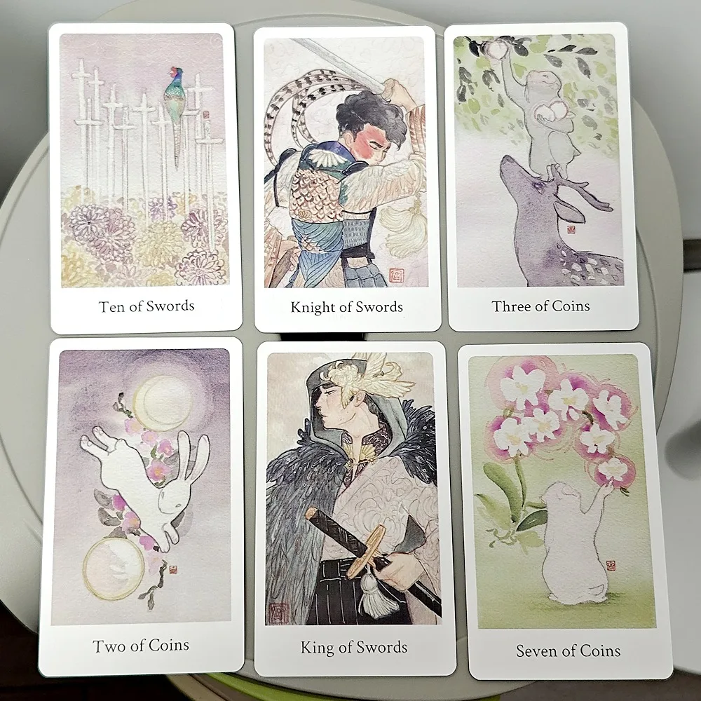 12*7cm Botan Tarot menampilkan ilustrasi cat air yang lentur dan putih dalam kotak kaku 78 buah kartu Tarot Jepang