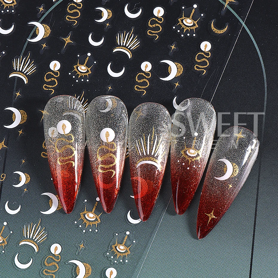 Autocollants 3D pour ongles, 2 pièces, feuilles de ligne dorée, Halloween, mauvais œil, serpent, soleil, étoile, ligne dorée, décalcomanies pour ongles, décorations de manucure à faire soi-même