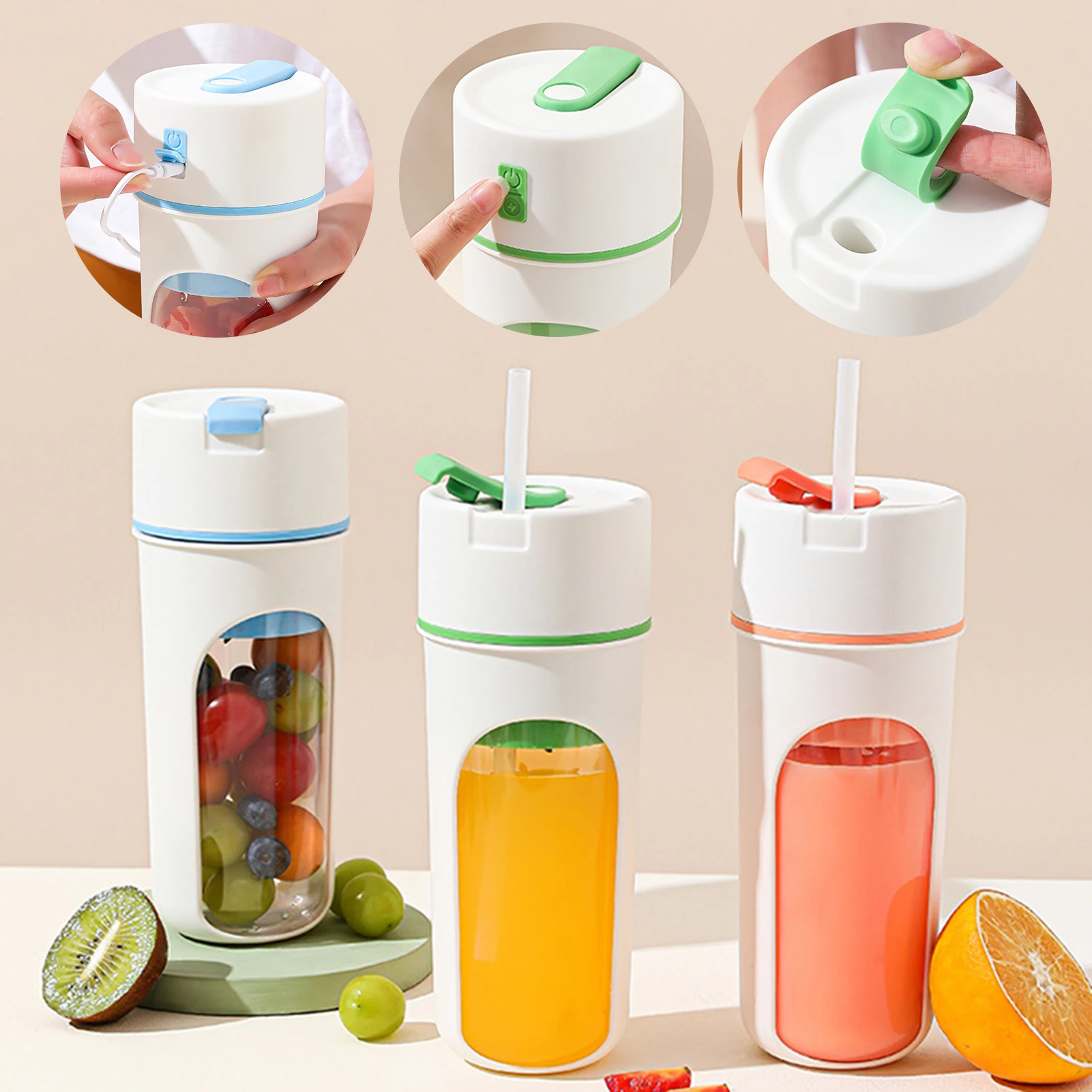 2-in-1 Portable Juicer Blender USB Charging Electric Fruit Juicer Lemon Orange Fruit Juicing Drinking Outdoor Water Cup 480ml