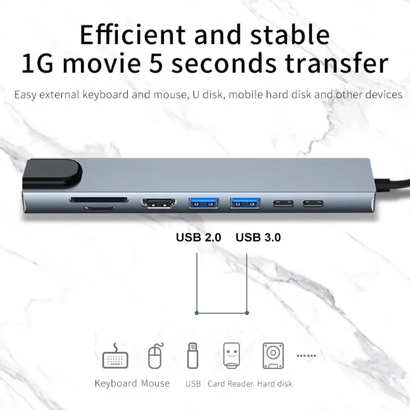 

USB-адаптер-концентратор 8в1 Type C 3 1–4K HDMI с SD TF RJ45 Card Reader PD Fast Charge для MacBook, ноутбуков, компьютеров, аксессуаров