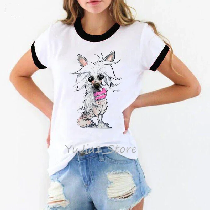 Vintage Chinese Crested Dog Printed T Shirt Women Dog Lover Friends Birthday Gift Tshirt Summer 2024 Women’S Clothes T-Shirt