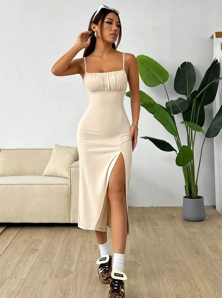 

2025 Women Floral Print Dress Sleeveless High Slit Bodycon Midi Sundress French Vintage Style for Beach For Women,Long Dresses